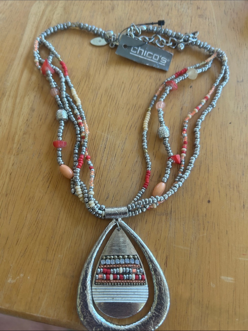 Chico's Multistrand Beaded Necklace in Silver and Coral Tones